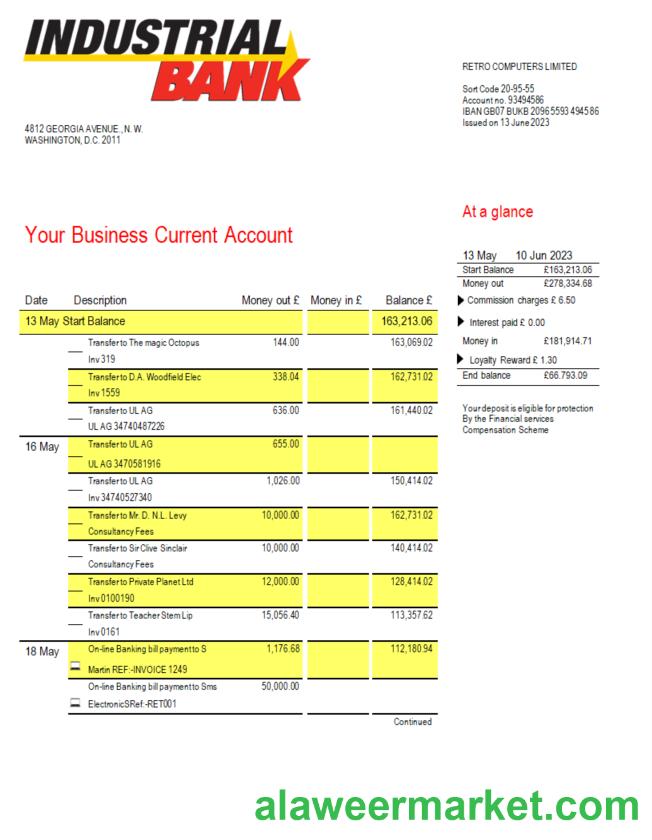Industrial Bank firm account statement Word and PDF template
